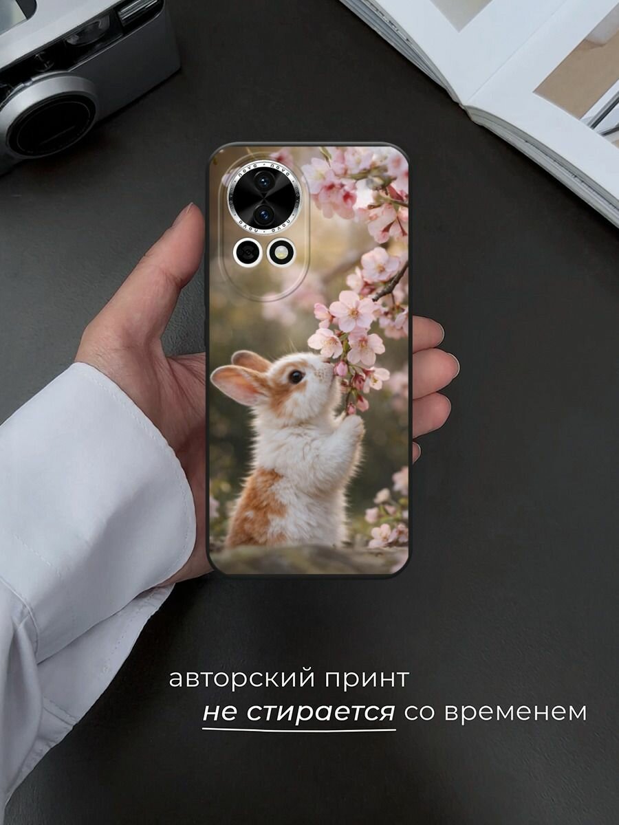 Черный матовый чехол на Huawei Nova 12/Nova13 / Хуавей Нова 12/Нова 13 с принтом Зайчик с сакурой — фото 1