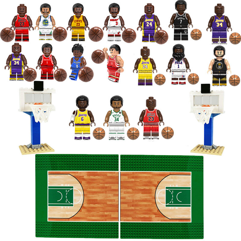 Набор строительных блоков с сценой баскетбольного поля NBA с мини-фигурками игроков и кольцом для поклонников спорта и