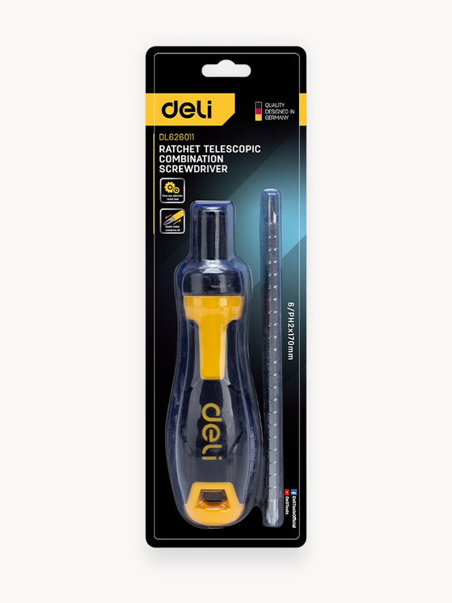 Двухсторонняя отвертка с трещоткой PH2+SL6 Deli DL626011 (Cr-V, регулируемая длина 180-230мм, диаметр хвостовика 6,3мм )