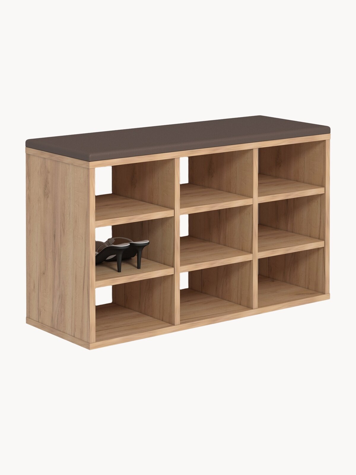 Обувница в прихожую, Лаки 4, ЛДСП, полка для обуви с мягким сидением, цвет дуб крафт золотой/экокожа коричневая