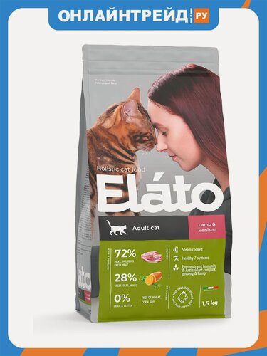Изображение товара Корм сухой Elato для взрослых кошек Holistic с ягненком и олениной, полнорационный, 1,5 кг