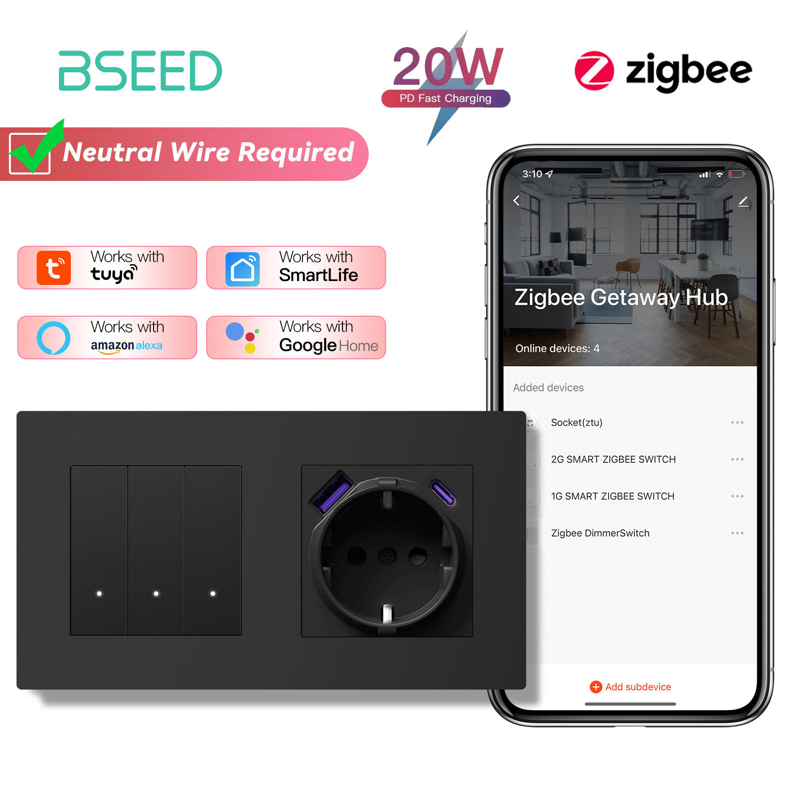 Умный выключатель с розеткой 20W ZIGBEE с Алисой, 3 клавишидля , Серия E