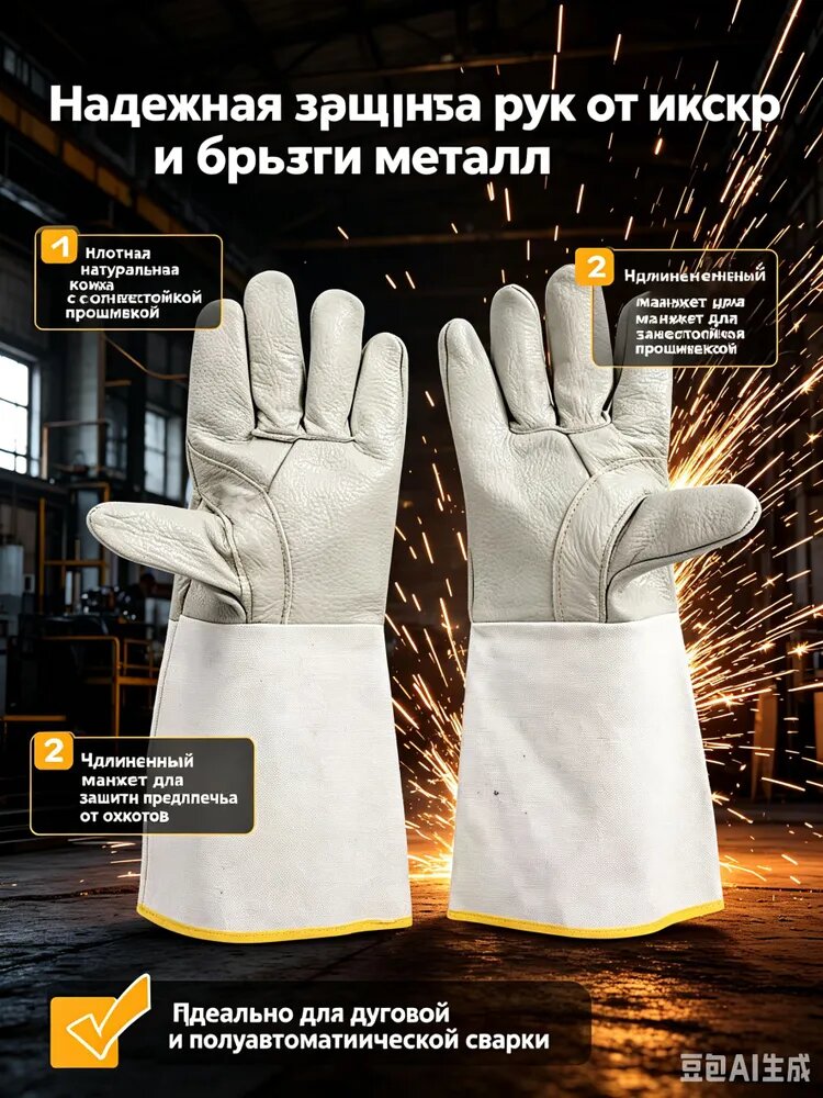 Краги сварщика кожаные спилковые, перчатки рабочие защитные утепленные спилок / Удлиненные сварочные перчатки, термостойкие жаропрочные краги для защиты от ожогов и искр