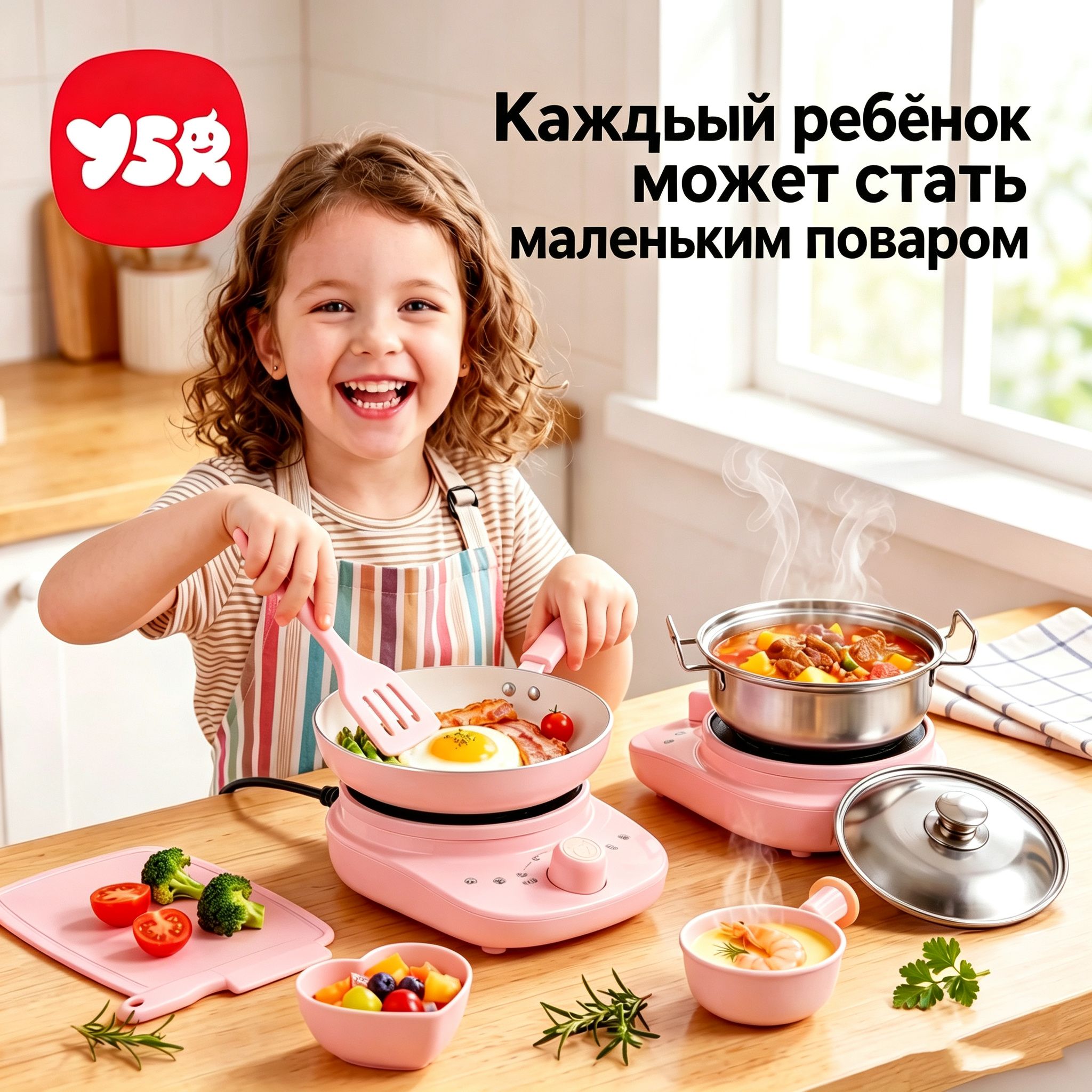 Детская мини-кухня с индукционной плитой и посудой из каменного покрытия (Майфаньши), 40 предметов настоящая готовка для детей, игровой набор с электрической плитой
