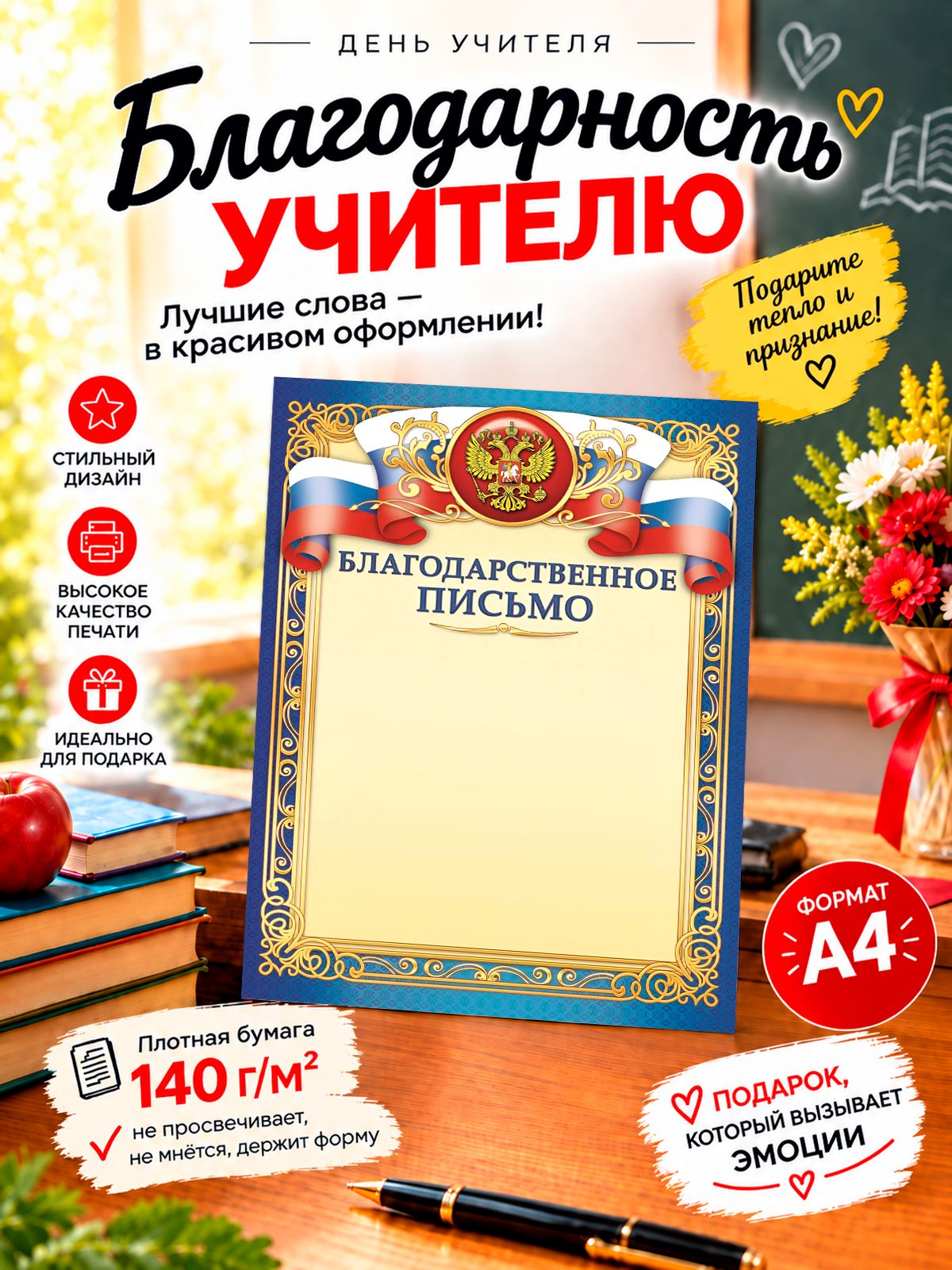 Благодарность ко Дню учителя, А4, 140 г/м , 10 шт.