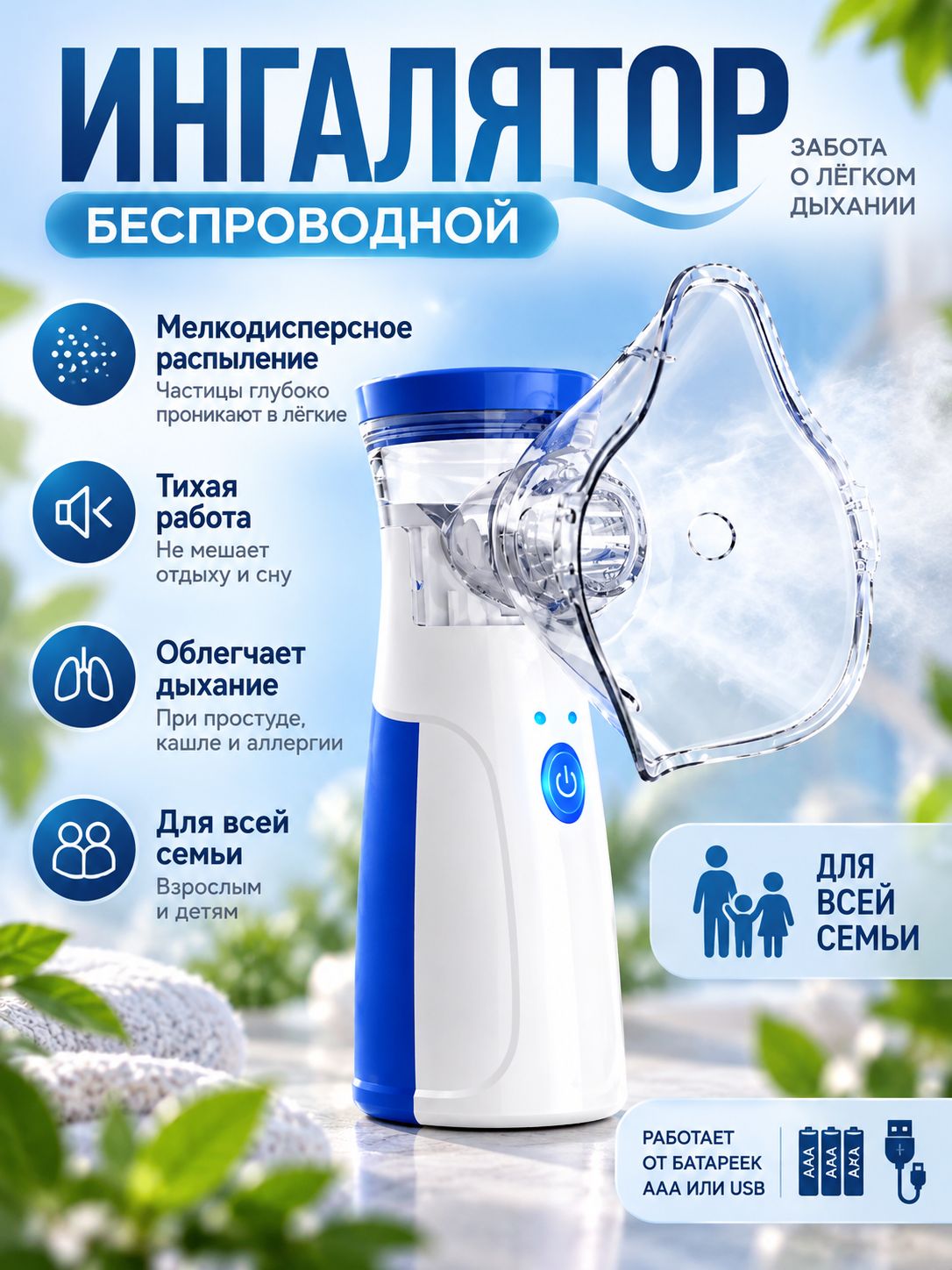 Ингалятор небулайзер для носа портативный, ингалятор для взрослых и детей