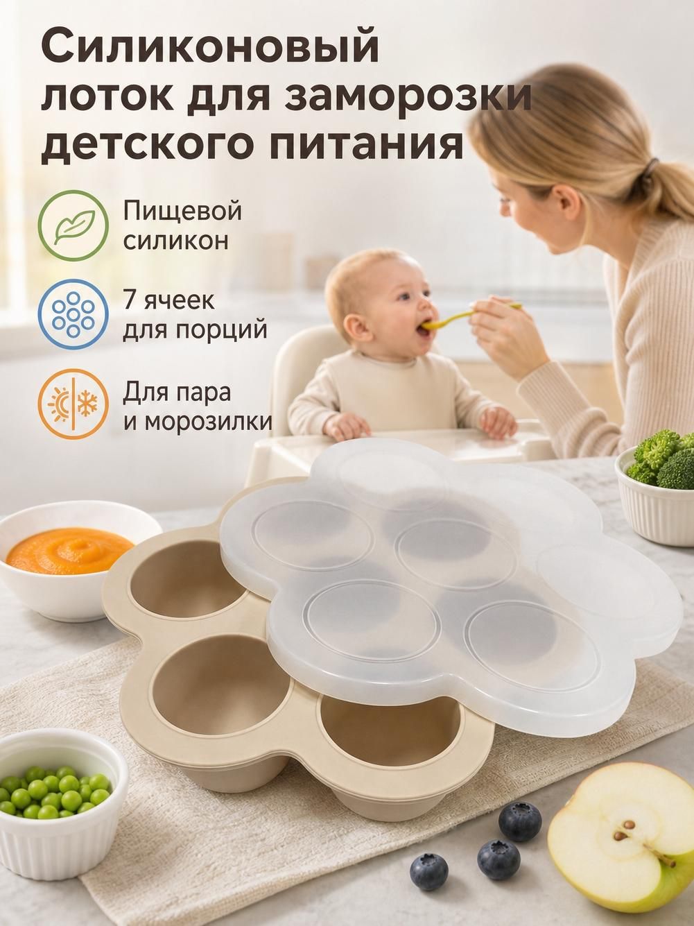 Контейнер для детского питания, силиконовый, с крышкой, для морозильной камеры, 7 ячеек, серо-голубой