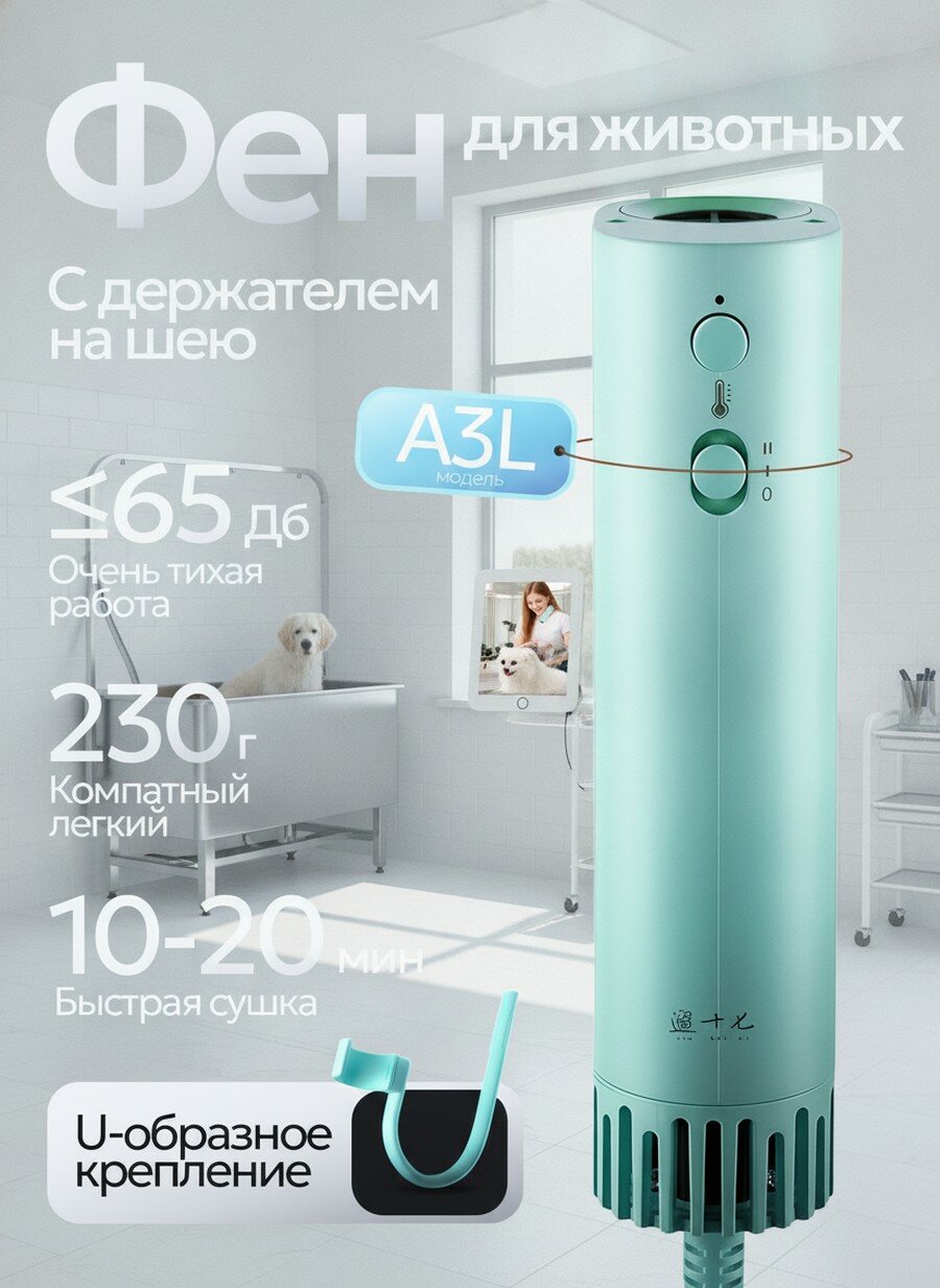 Фен для собак-носить на шее портативный, мощный поток воздуха 140 г, Идеален в подарок: быстро сушит шерсть собак и кошек, бесшумный, 200 миллиона ионов, 1400 Вт, LIUSHIQI A3L 2025