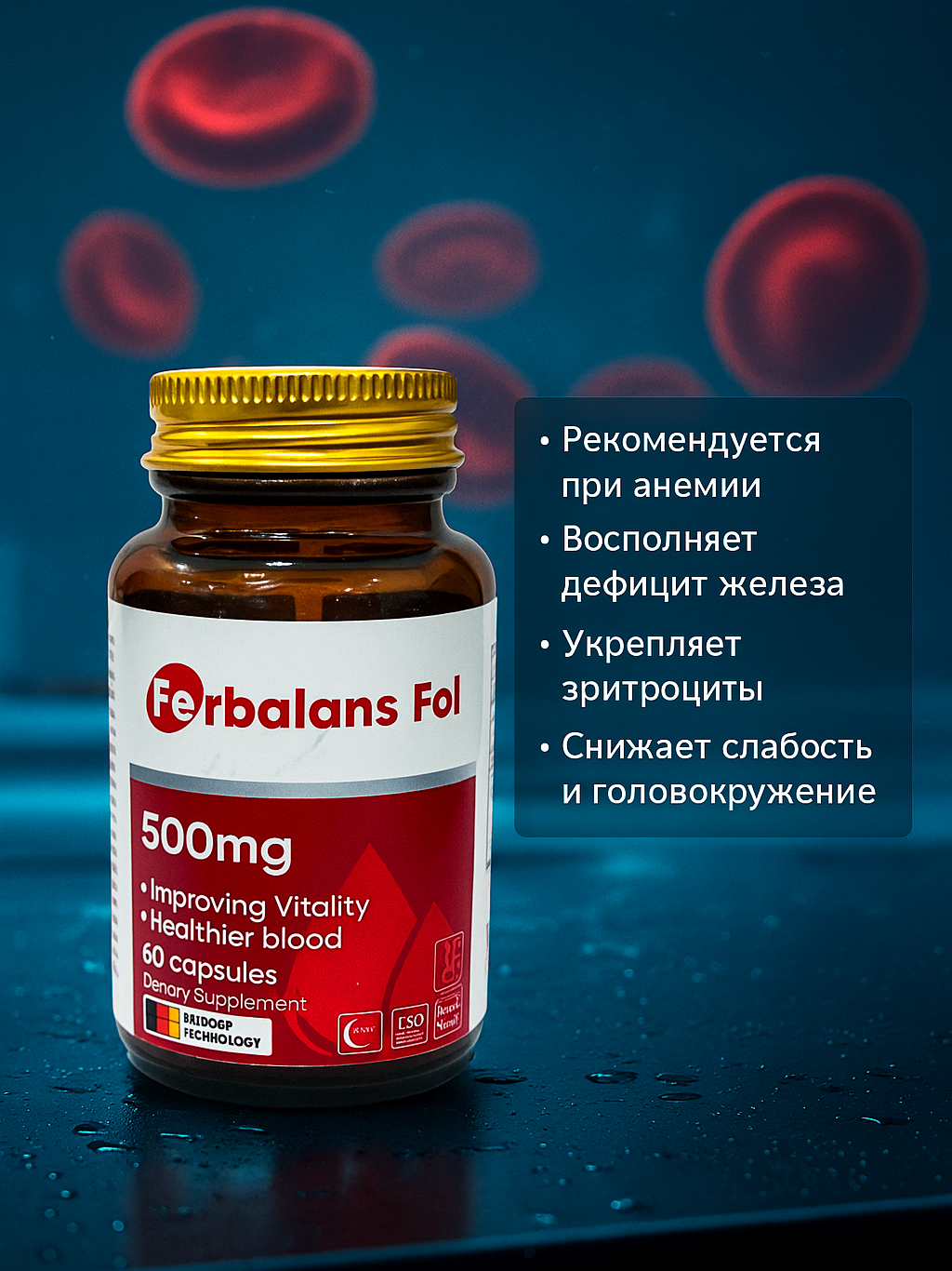 Ferbalans Fol 500 мг – 60 капсул (в стеклянной банке) - Формула для здоровой крови и жизненной энергии