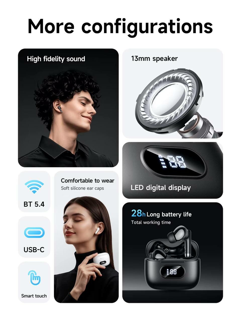 HOCO EQ2 Plus, TWS наушники, Bluetooth 5.4, 7 ч работы, LED-дисплей, кейс 320 мАч, микрофон — фото 1