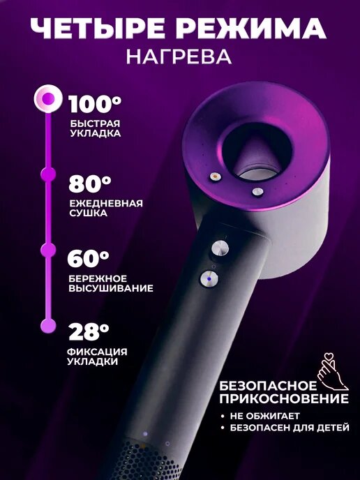 Фен для волос ионизация, 2 скорости, 3 температурных режима, серый