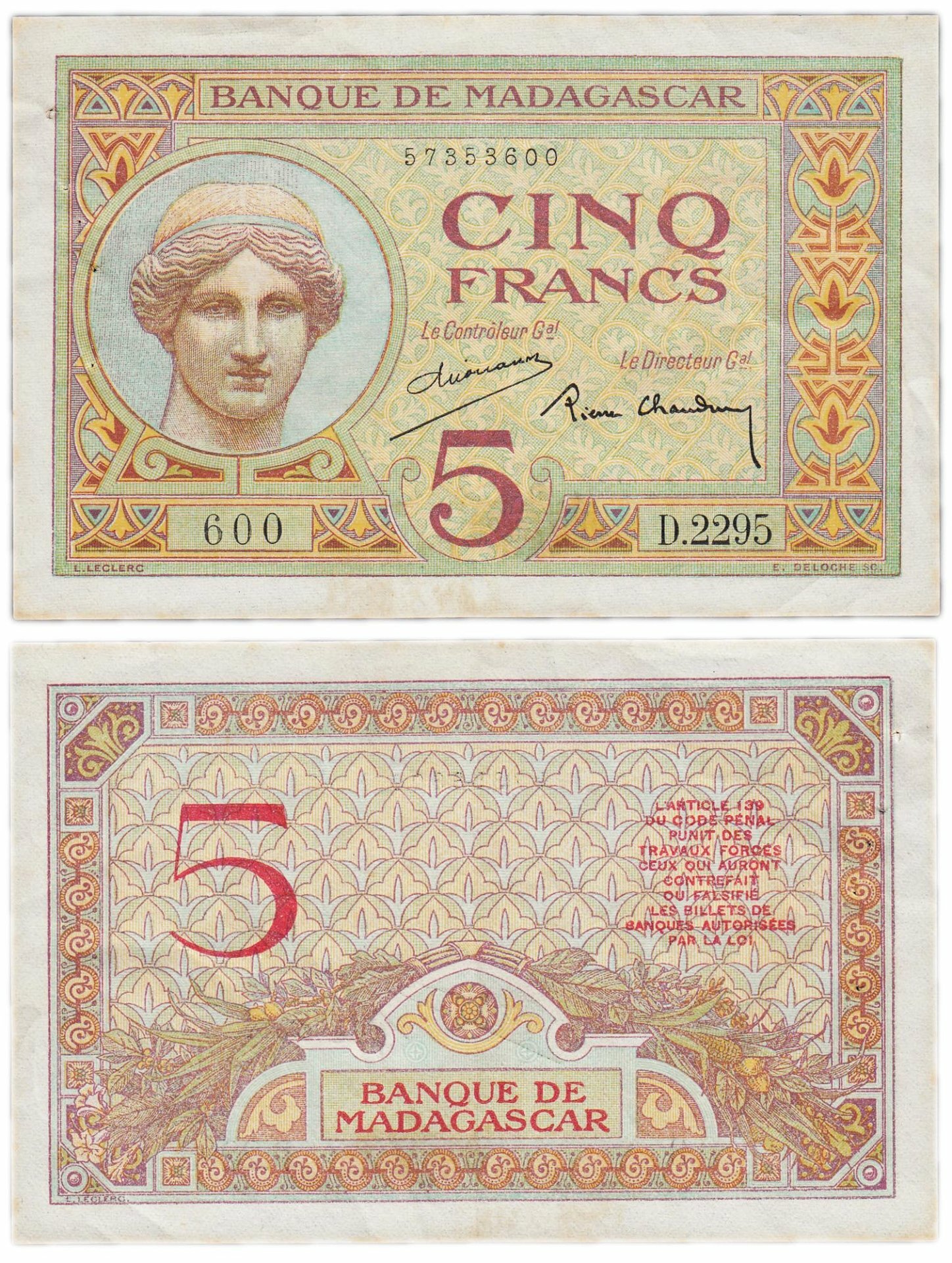 Мадагаскар 5 франков 1937 Pick 352