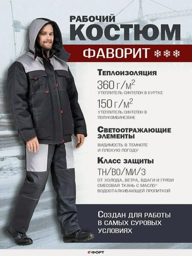 Изображение товара Костюм рабочий Фаворит утепленный, куртка и полукомбинезон, т. серый+черн+красн р.64-66/170-176