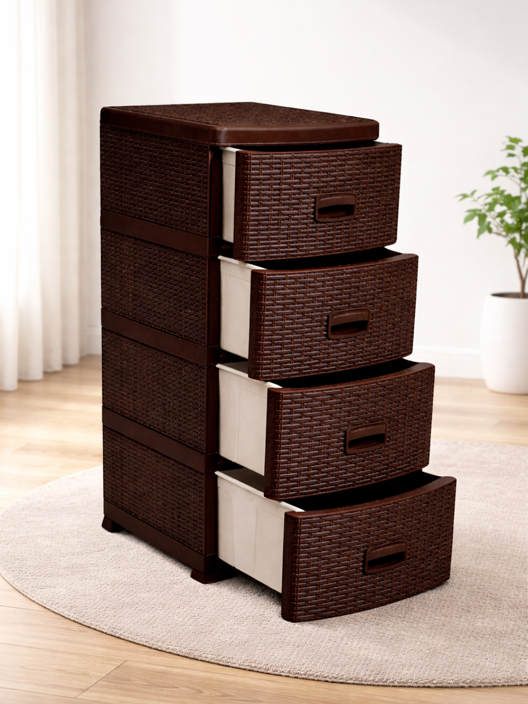 Комод пластиковый, текстура под ротанг, для хранения одежды и аксессуаров, 4 ящика