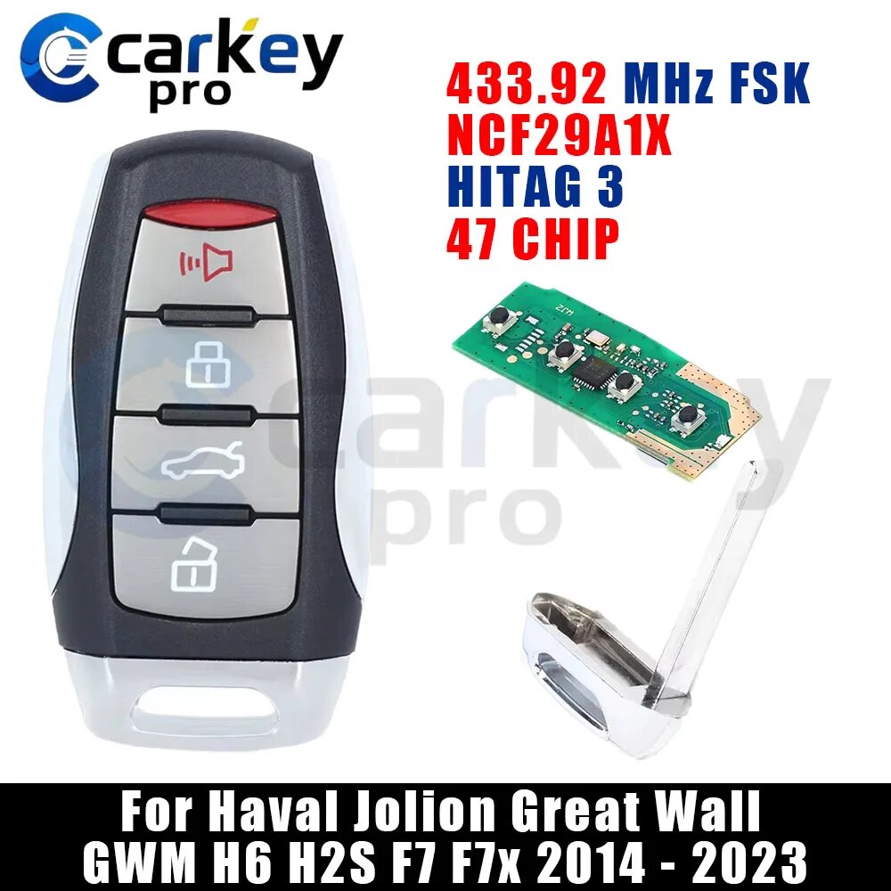 Автомобильный смарт-ключ Carkeypro 3+1 кнопки, 433 МГц, ID47, с чипом 47, для Haval Jolion, Great Wall GWM H6, H2S, F7, F7x 2014-2023