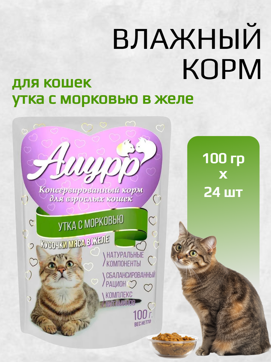 Амурр для кошек кусочки в желе "Утка с морковью" 100гр х24шт