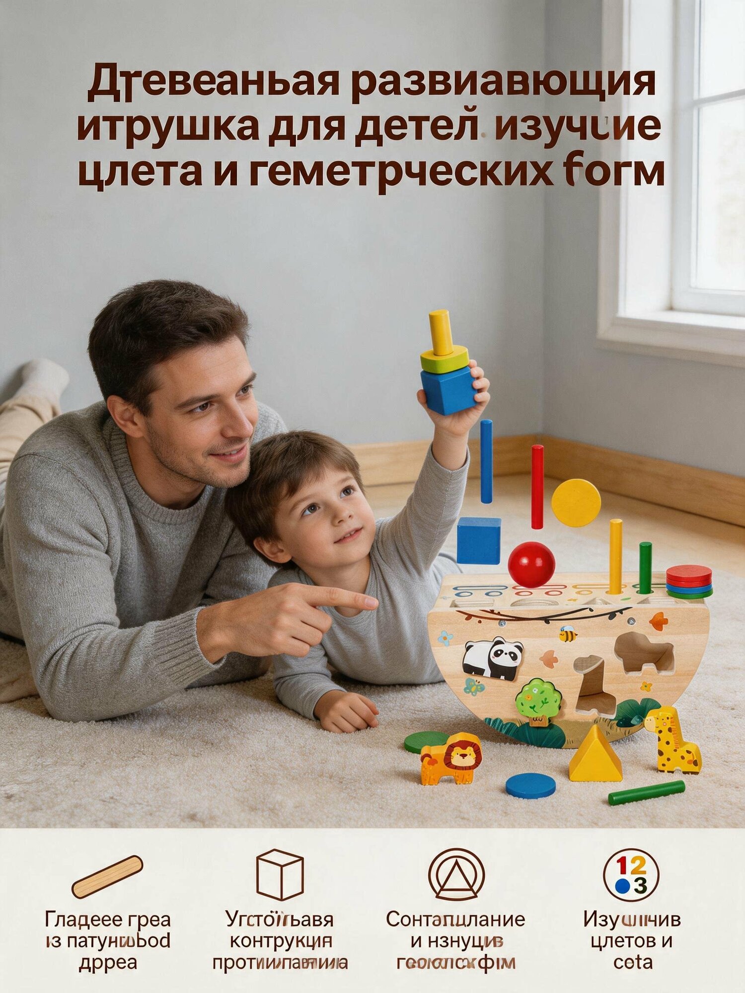 Деревянный сортер геометрических фигур с животными для детей 3 лет+, развивающая игрушка-монетоприемник для раннего развития моторики и логики