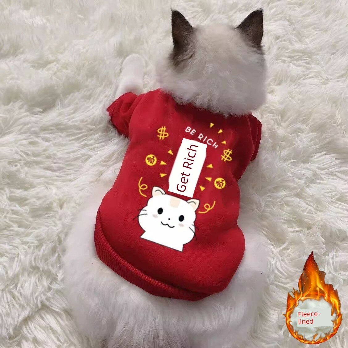 Красное худи 'Удача' для кошек, зимний флис, против выпадения шерсти, 1-3 фунта (0.5-1.5 кг) для мини-пород, размер XS