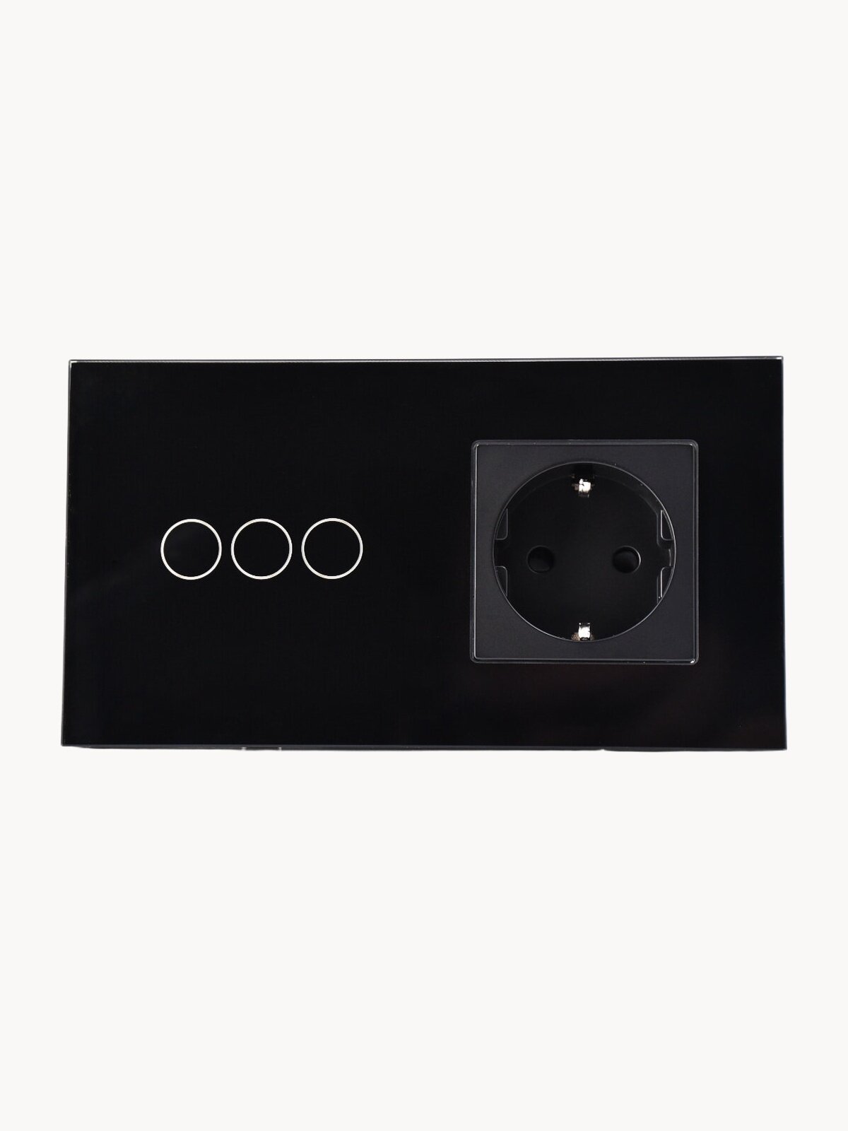 Умный выключатель сенсорный Wi-Fi трехклавишный с розеткой в одной стеклянной рамке с нулем, черный, умный дом