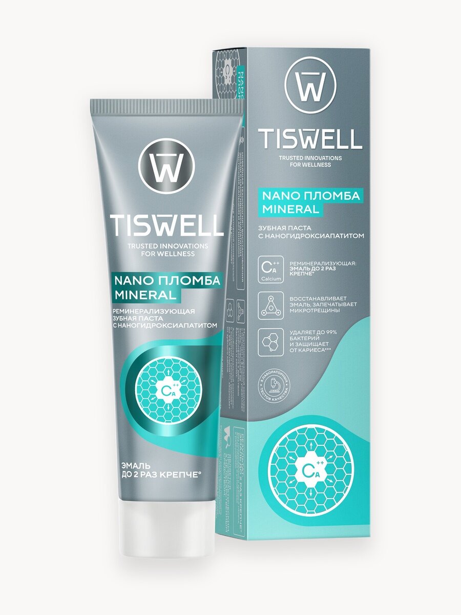 Tiswell Зубная паста мятная реминерализующая от кариеса с ксилитом, фтором, кальцием и наногидроксиапатитом 110 г