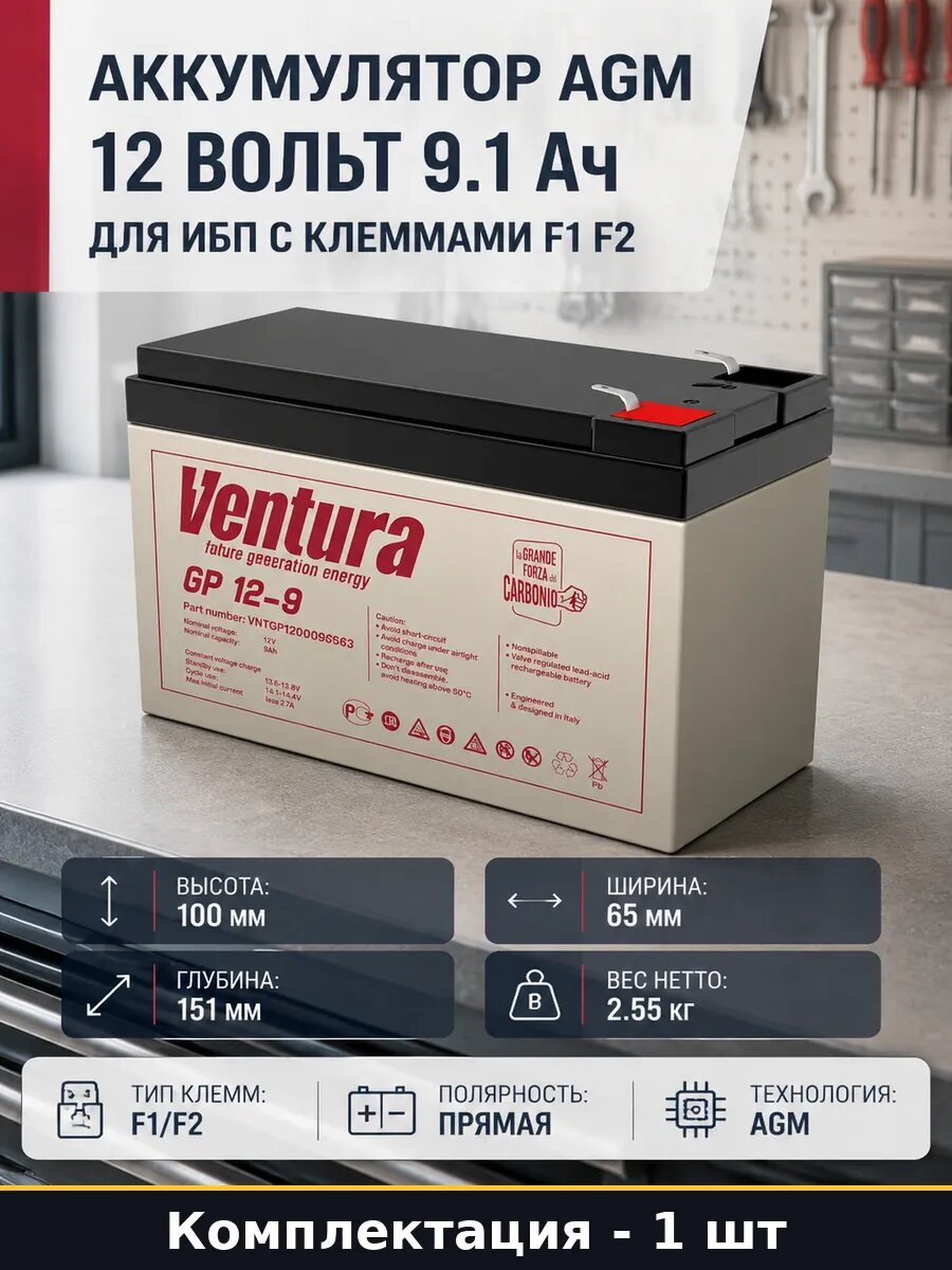 Аккумулятор AGM 12 вольт 9.1 Ач для ИБП с клеммами F1 F2