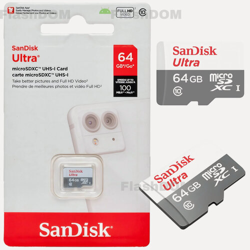 Изображение товара Карта памяти SanDisk microSDXC 64 ГБ Ultra UHS-I (100 Mb/s) SDSQUNR-064G-GN3MN без адаптера
