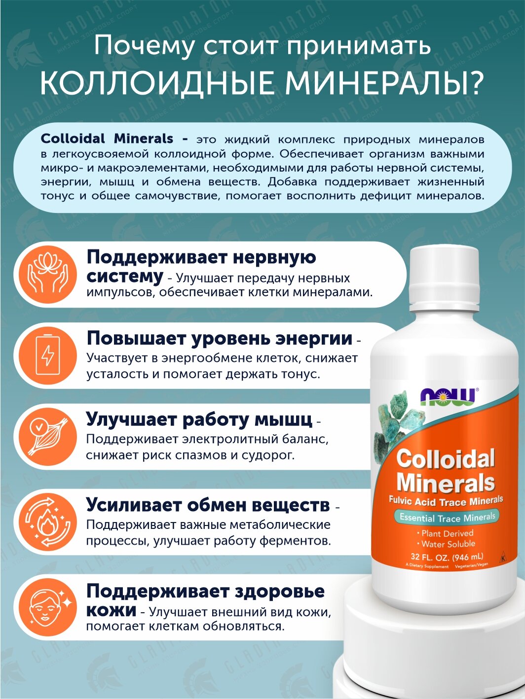 Минеральный комплекс Colloidal Minerals Now Foods, жидкость, 946 мл — фото 1