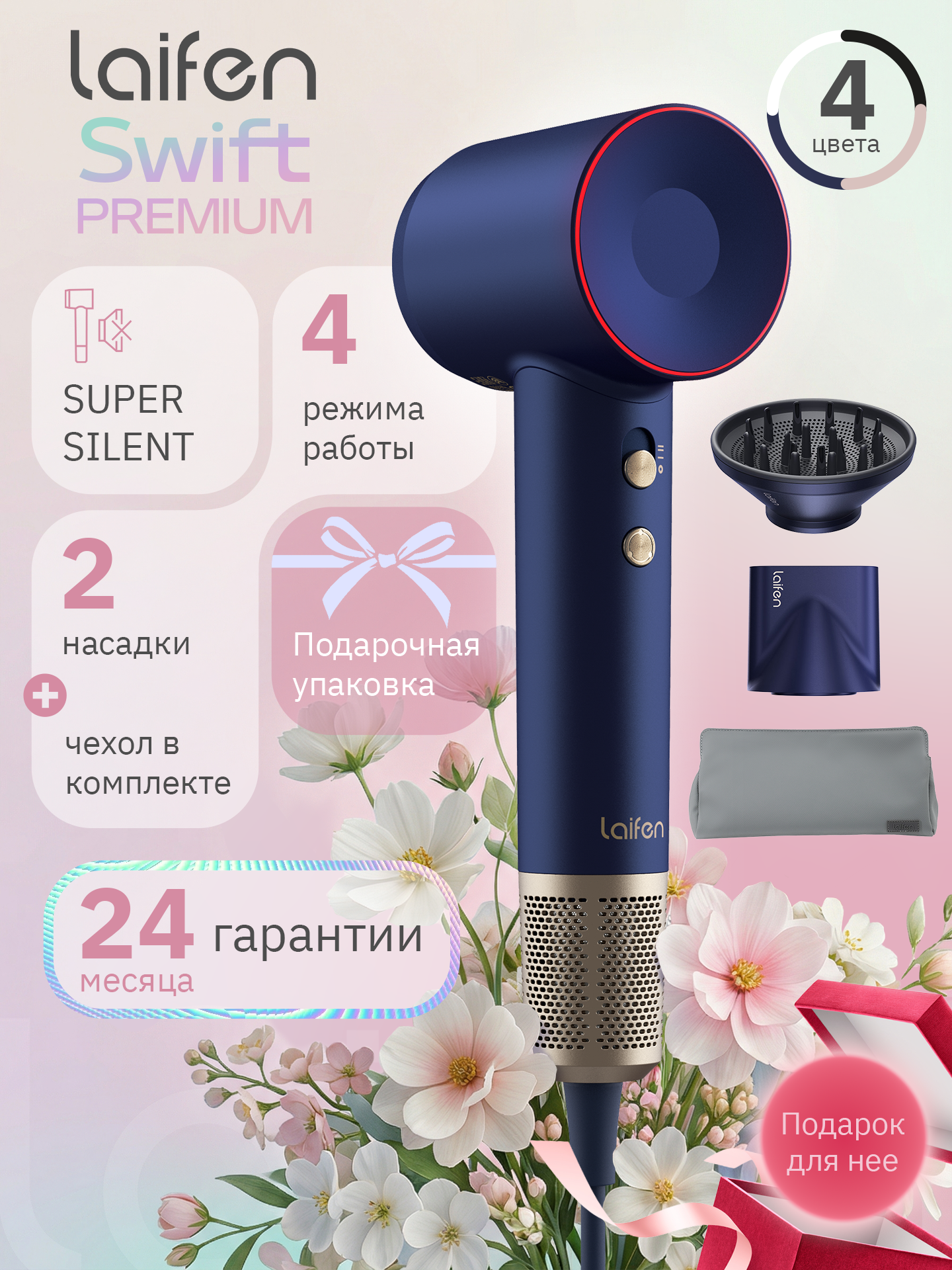 Фен для волос Laifen SWIFT Premium, 1500 Вт, ионизация, Сине-золотой