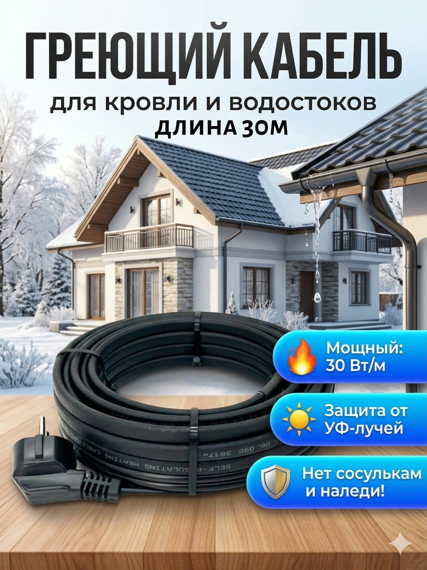 Греющий кабель на трубу саморегулирующийся 30м 30вт/м для кровли и водостока