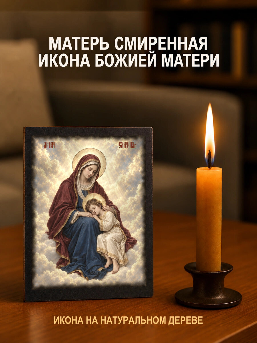 Икона «Матерь Смиренная икона Божией Матери» на натуральном дереве, 10×12 см, храмовая живопись, потёртое золото