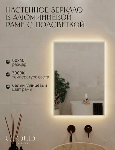 Изображение товара Зеркало 60х40 см. CLOUD MIRROR с подсветкой в ванную в алюминиевой раме настенное. Свет: Теплый белый 3000К, Белое