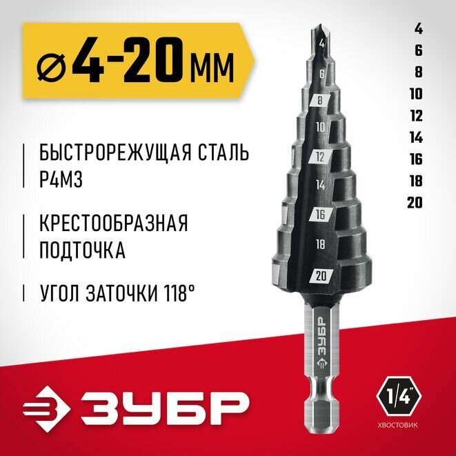 ЗУБР 4-20мм, 9 ступеней, сверло ступенчатое(29665-4-20-9)