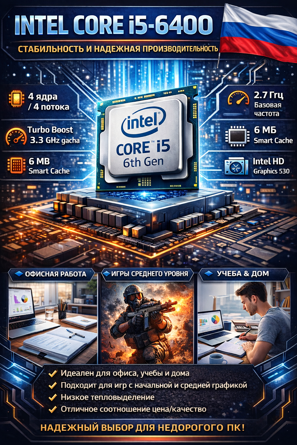 Intel Core i5-6400 Ядра / Потоки: 4 ядра / 4 потока 3.3 ГГц — фото 1