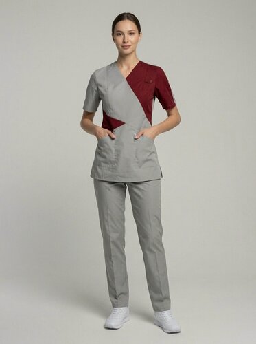 Изображение товара Медицинский костюм (хирургичка) вилан короткий рукав, серый/бордовый, размер 60-62, рост 170-176