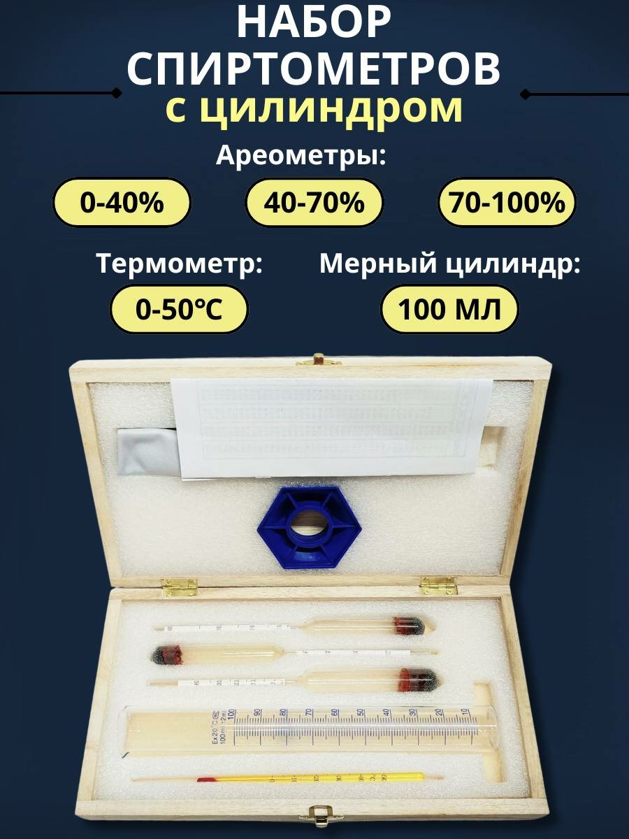 Набор спиртометров для самогона, мерный цилиндр и термометр в деревянном футляре