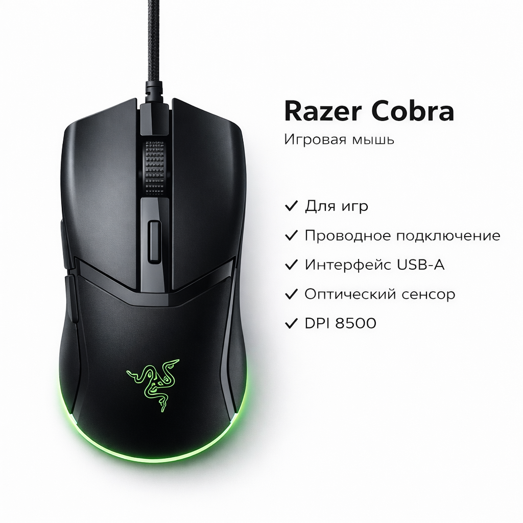 Игровая мышь Razer Cobra RGB USB, чёрная — оптическая точный сенсор, яркая подсветка