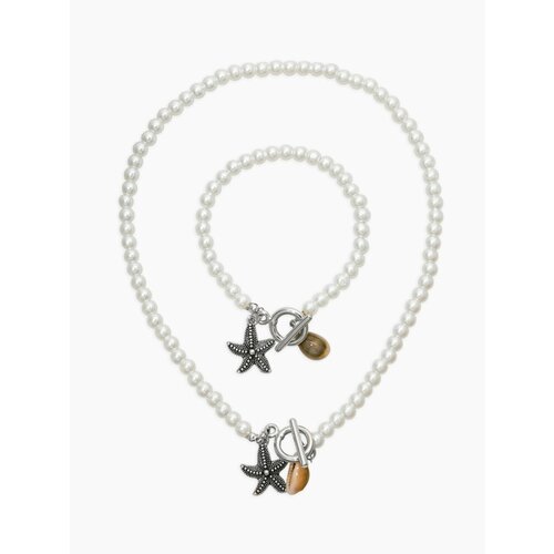 Комплект бижутерии Queen Fair браслет колье жемчуг имитация размер браслета 18 см размер кольецепочки 42 см белый 466₽