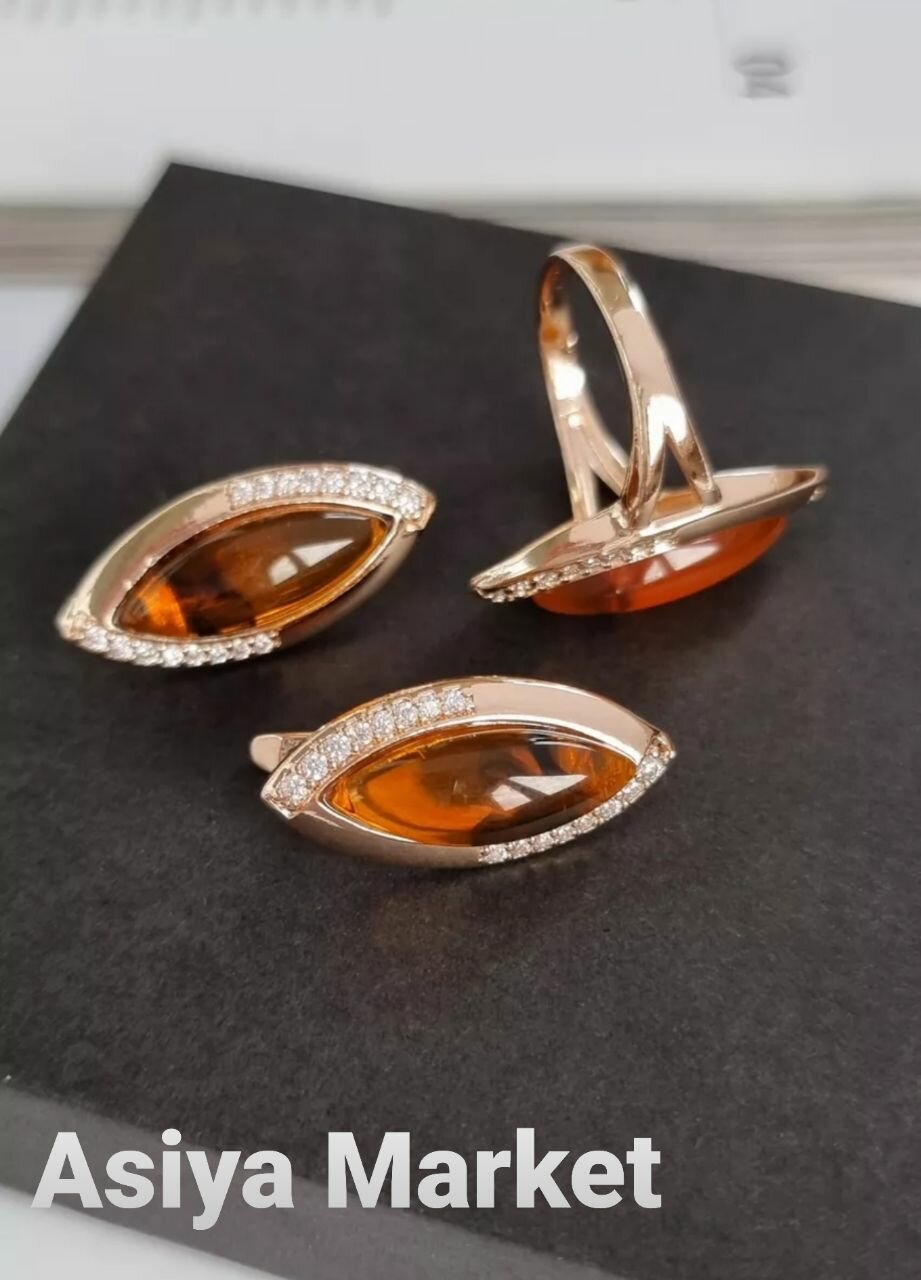 Комплект бижутерии: серьги, кольцо, янтарь, размер кольца 19, оранжевый — фото 1