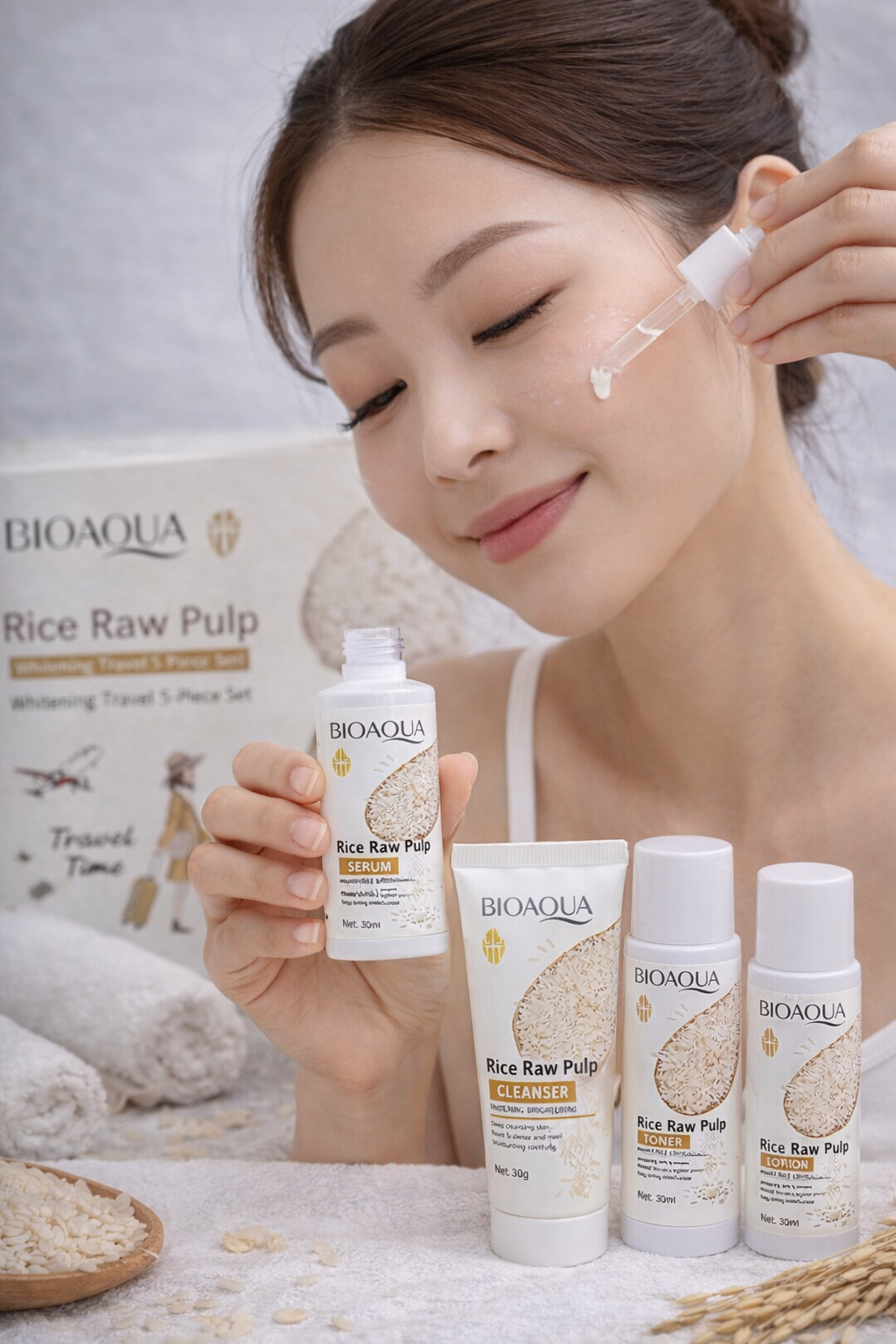 Мини-набор для ухода за лицом Bioaqua 5 в 1, антивозрастной, с экстрактом риса. — фото 1