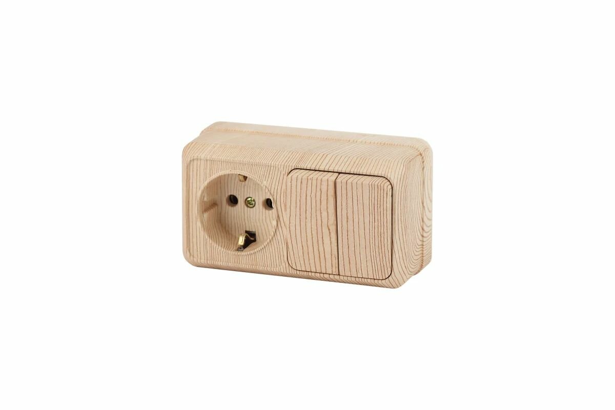 Блок розетка с двухклавишным выключателем горизонтальный 10(16)А-250В, IP20, ОУ, сосна