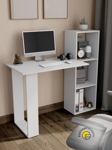 Изображение товара Компьютерный стол, письменный, с полками, ЛДСП, классический, белый, 113 см x 50 см