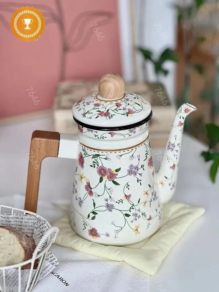 Кофейник эмалированный с цветочным узором, светло-желтый, жаропрочный, 700 г, Китай
