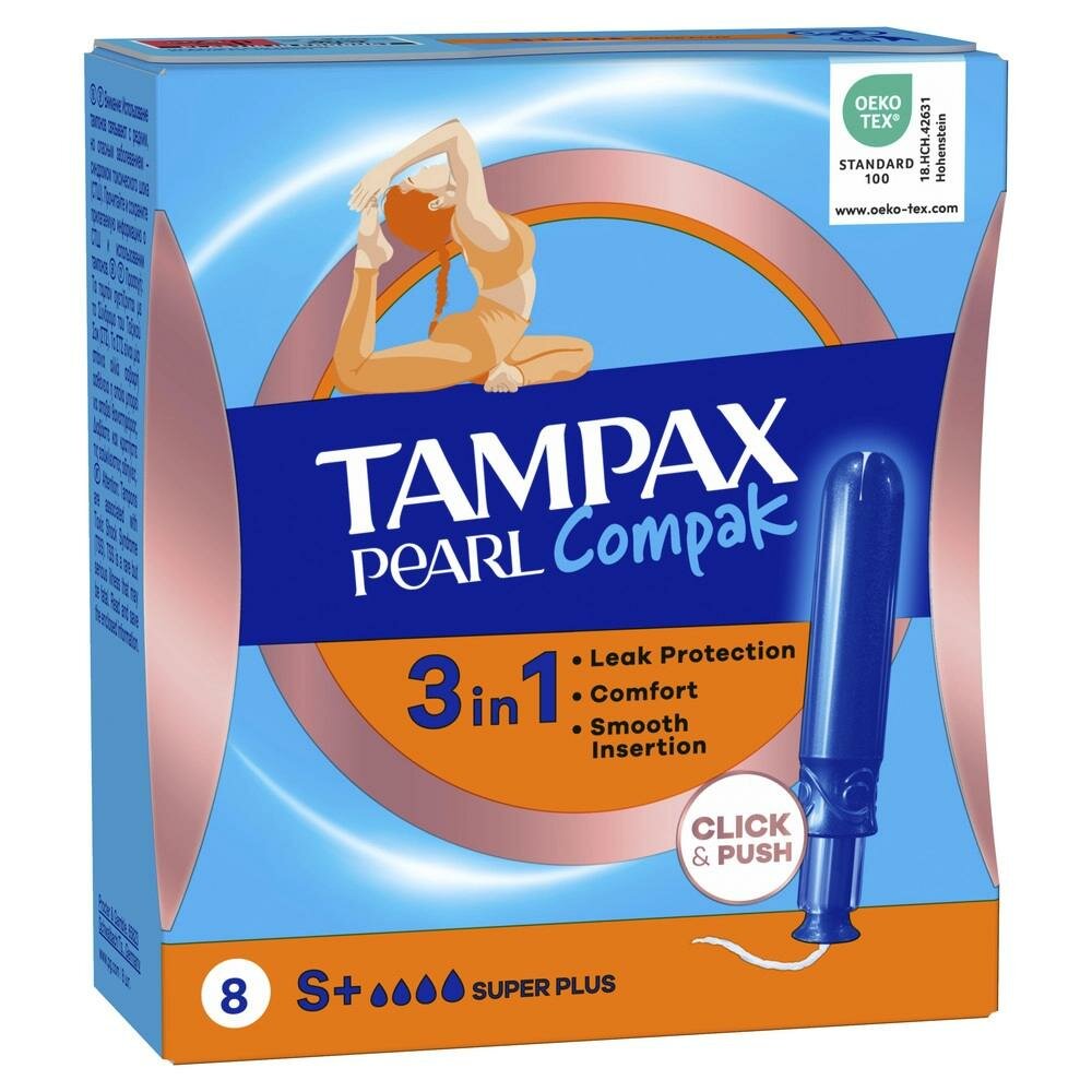 Женские гигиенические тампоны с аппликатором Super Plus Single 8 шт, Compak Pearl , Tampax