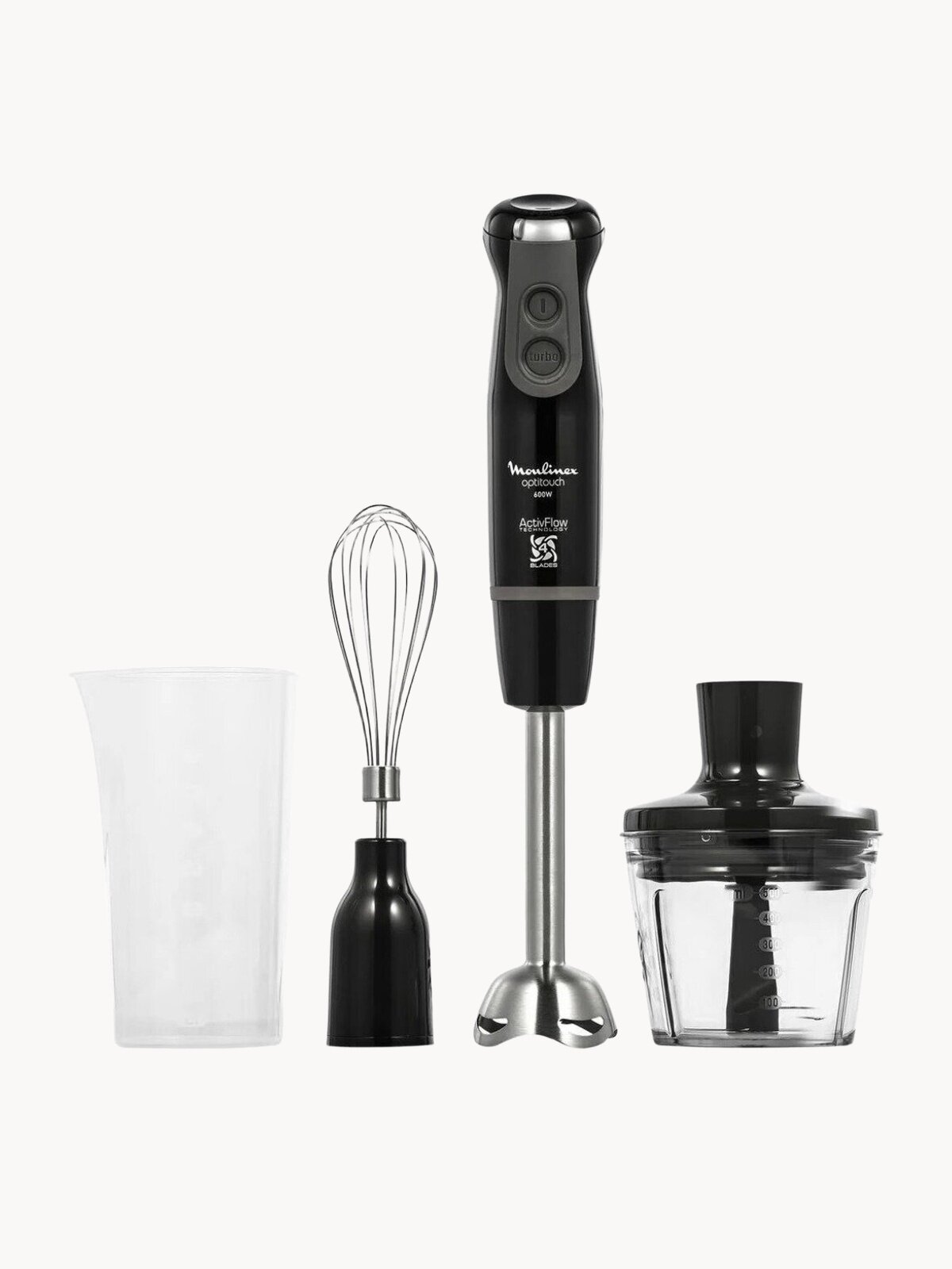 Погружной ручной блендер 3в1 Moulinex Optitouch DD833810 с 3 насадками, 800Вт и 16 скоростей, черный