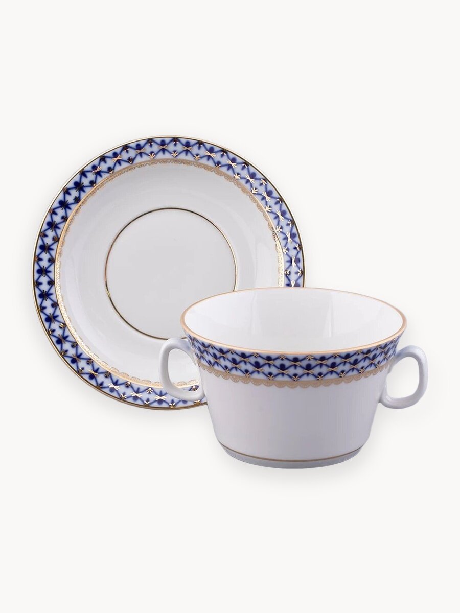Чашка с блюдцем бульонная "Кобальтовая сетка" форма Молодежная 360 мл, Императорский фарфоровый завод