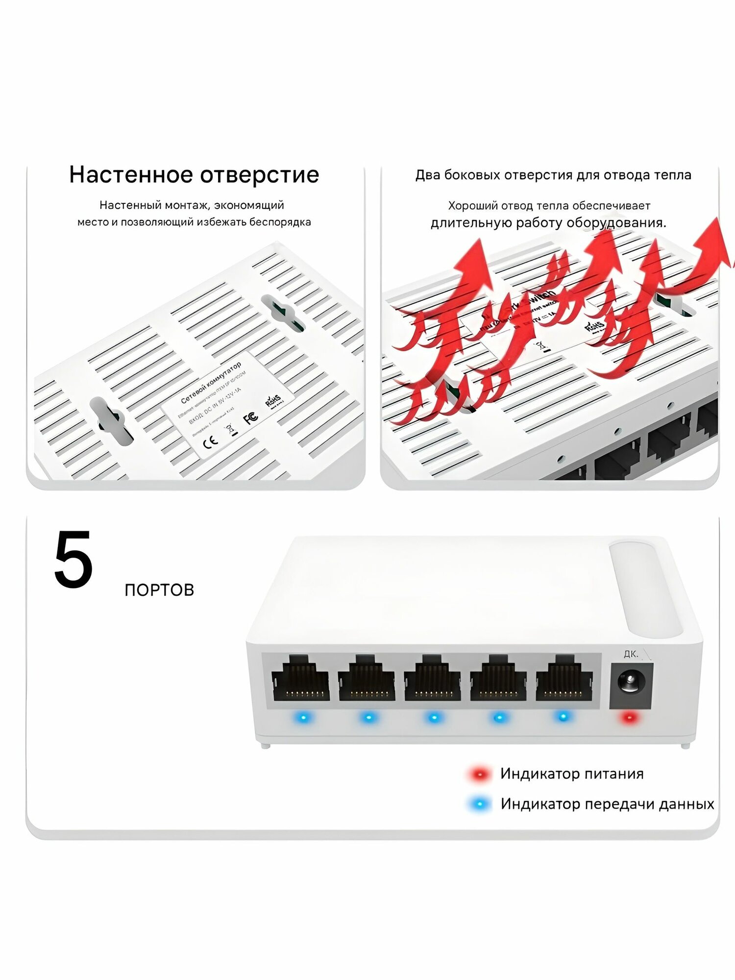 Коммутатор 5 Портов Сетевой,1000 Мбит, SG105, Белый хаб
