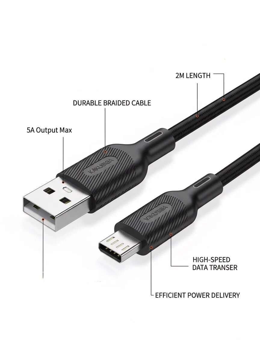 Кабель KAKUSIGA, для быстрой зарядки и передачи данных, Micro USB, черный, 1м