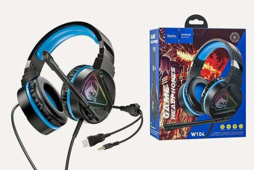 Изображение товара Игровые наушники с микрофоном HOCO W104 Drift Gaming, Проводные USB+Jack 3.5mm, 2 м, RGB Light, Черный+Синий