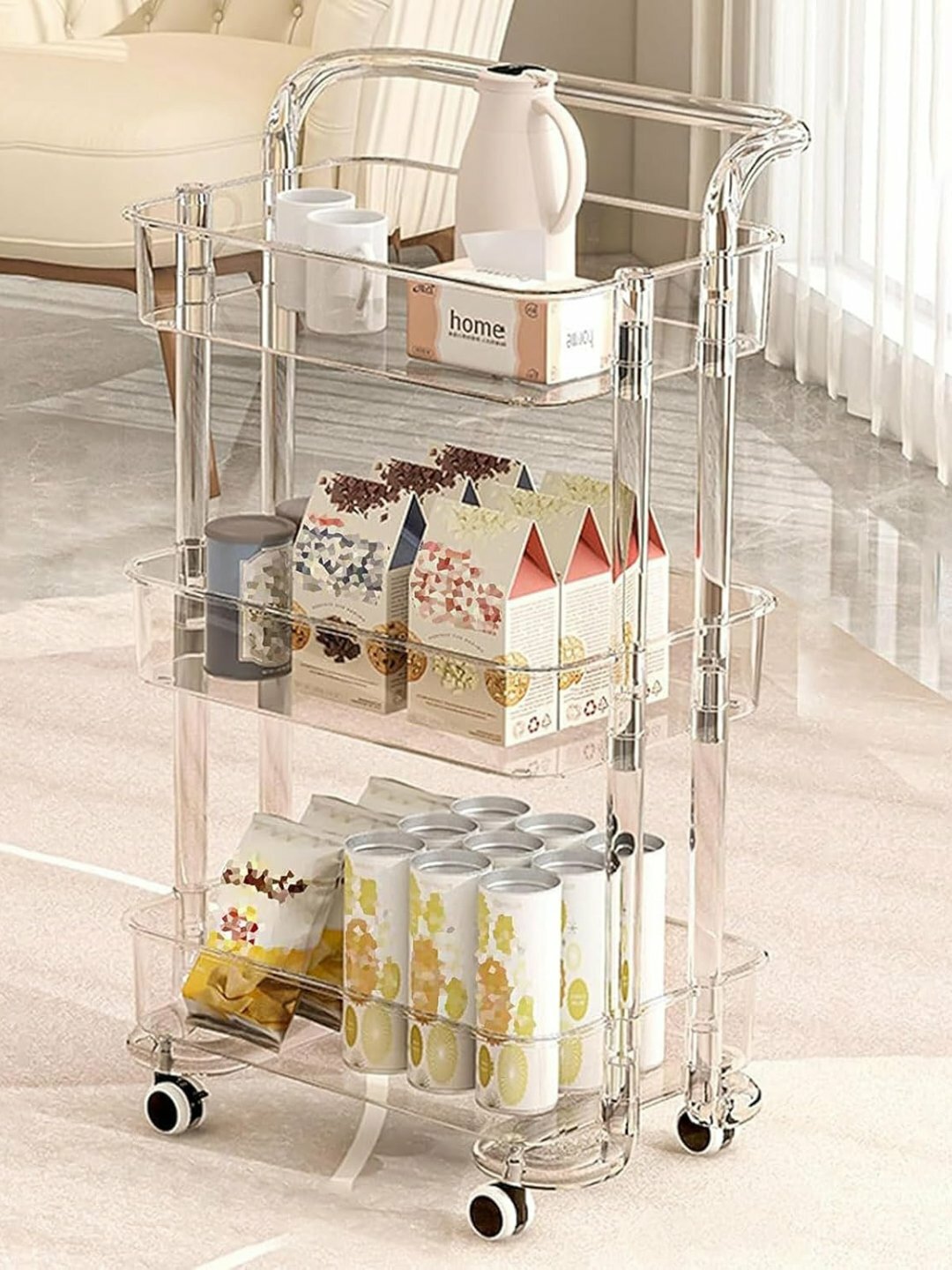Прозрачная 3-уровневая этажерка на колёсах – прочная пластиковая тележка-органайзер
