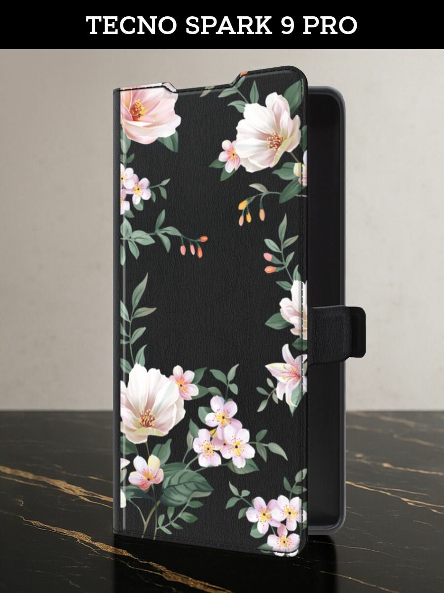 Чехол-книжка на Tecno Spark 9 Pro (Текно Спарк 9 Про) с картой и принтом "Beautiful white flowers"